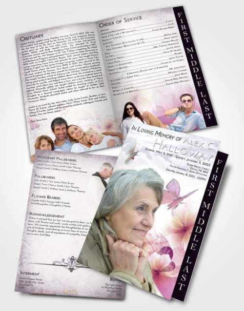 2 Page Graduated Step Fold Funeral Program Template Brochure Lavender Sunrise Floral Butterfly