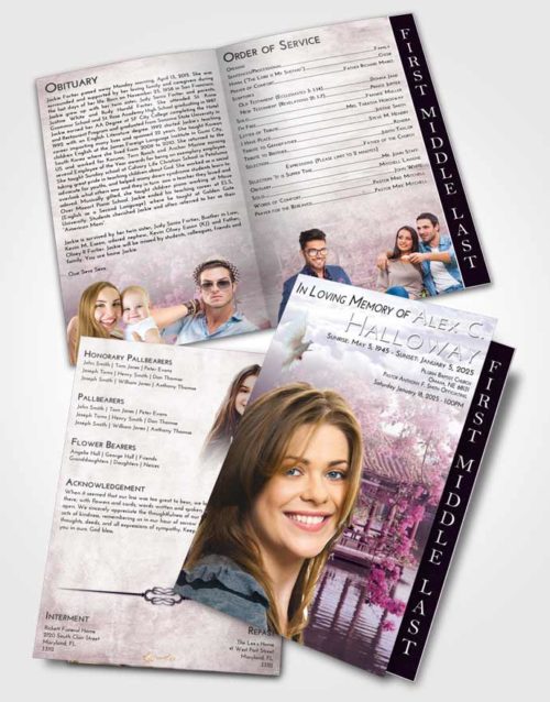 2 Page Graduated Step Fold Funeral Program Template Brochure Lavender Sunrise Floral Oriental