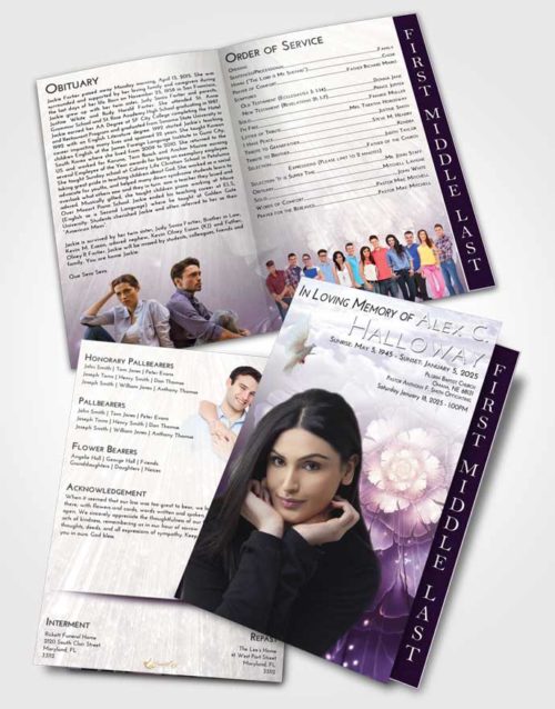 2 Page Graduated Step Fold Funeral Program Template Brochure Lavender Sunrise Floral Secret