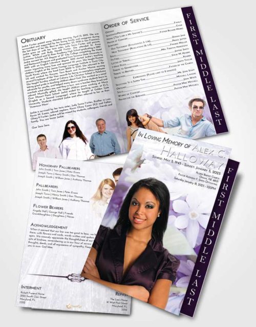 2 Page Graduated Step Fold Funeral Program Template Brochure Lavender Sunrise Floral Serenity