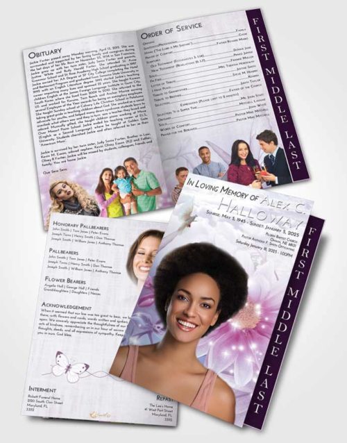 2 Page Graduated Step Fold Funeral Program Template Brochure Lavender Sunrise Floral Summer