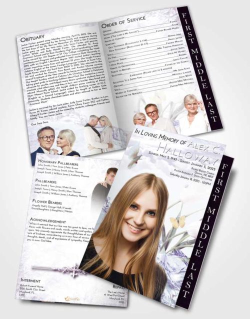 2 Page Graduated Step Fold Funeral Program Template Brochure Lavender Sunrise Floral Wave