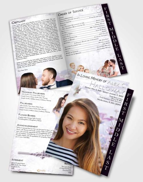 2 Page Graduated Step Fold Funeral Program Template Brochure Lavender Sunrise Floral Whispers