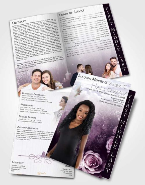 2 Page Graduated Step Fold Funeral Program Template Brochure Lavender Sunrise Flowering Garden