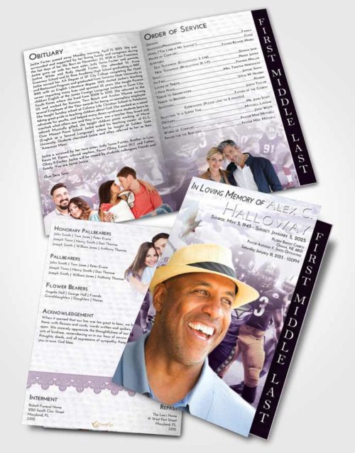 2 Page Graduated Step Fold Funeral Program Template Brochure Lavender Sunrise Football Destiny