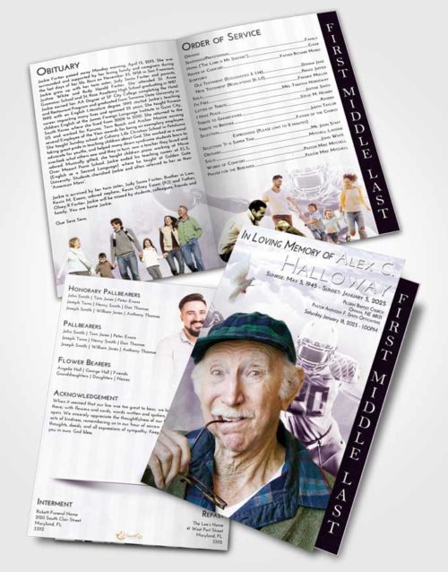 2 Page Graduated Step Fold Funeral Program Template Brochure Lavender Sunrise Football Honor