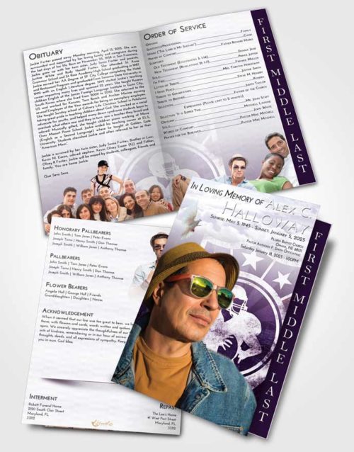 2 Page Graduated Step Fold Funeral Program Template Brochure Lavender Sunrise Football Surprise