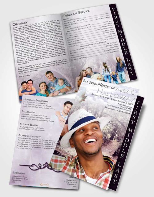 2 Page Graduated Step Fold Funeral Program Template Brochure Lavender Sunrise Forest Bridge