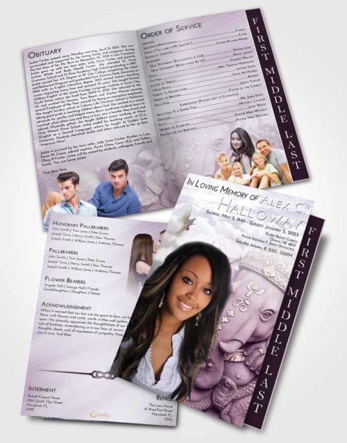 2 Page Graduated Step Fold Funeral Program Template Brochure Lavender Sunrise Ganesha Divinity