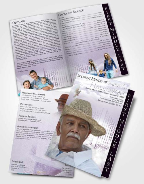 2 Page Graduated Step Fold Funeral Program Template Brochure Lavender Sunrise Gates to Heaven