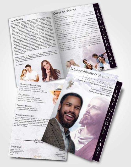 2 Page Graduated Step Fold Funeral Program Template Brochure Lavender Sunrise Gaze of Jesus