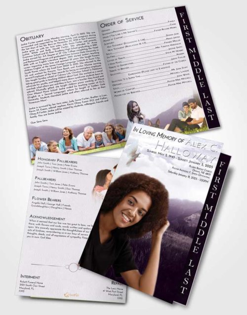 2 Page Graduated Step Fold Funeral Program Template Brochure Lavender Sunrise Graceful Mountains