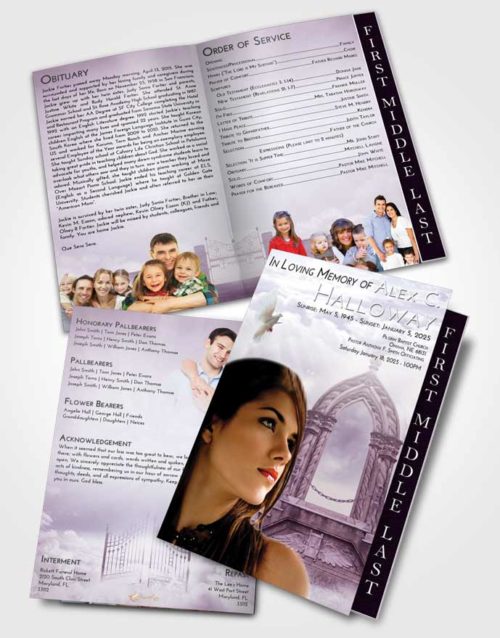2 Page Graduated Step Fold Funeral Program Template Brochure Lavender Sunrise Heavens Path