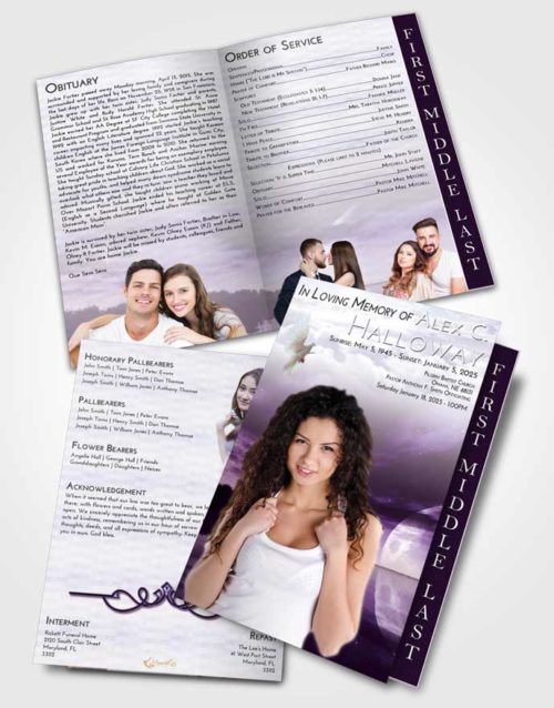 2 Page Graduated Step Fold Funeral Program Template Brochure Lavender Sunrise Illuminated Evening