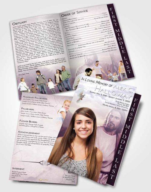 2 Page Graduated Step Fold Funeral Program Template Brochure Lavender Sunrise Jesus Prayers