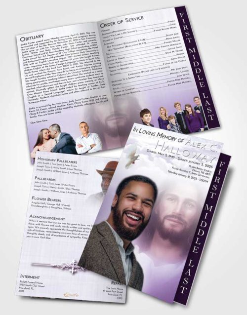 2 Page Graduated Step Fold Funeral Program Template Brochure Lavender Sunrise Jesus in Heaven