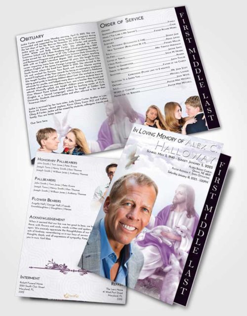 2 Page Graduated Step Fold Funeral Program Template Brochure Lavender Sunrise Jesus in the Sky