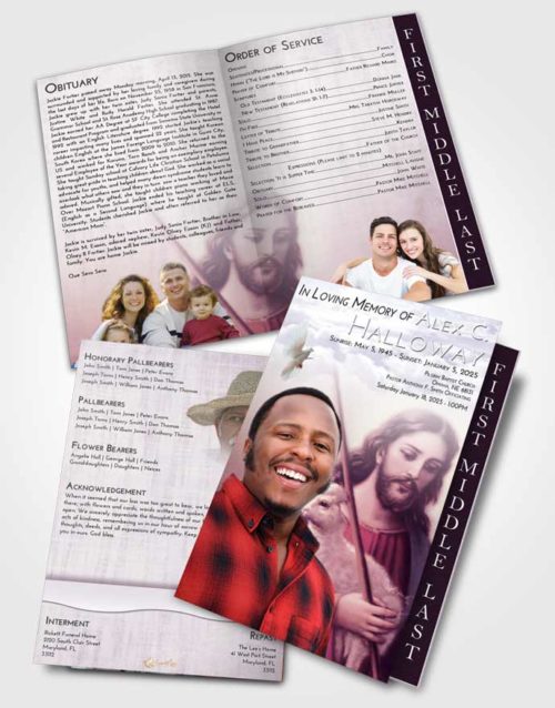2 Page Graduated Step Fold Funeral Program Template Brochure Lavender Sunrise Jesus the Savior