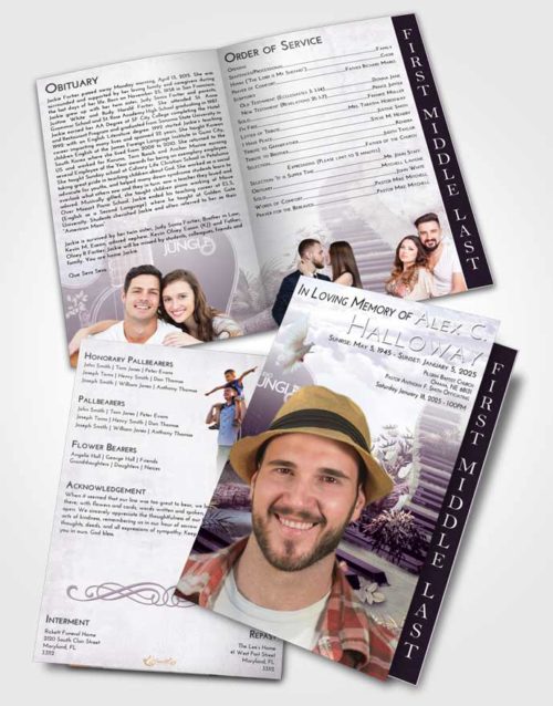 2 Page Graduated Step Fold Funeral Program Template Brochure Lavender Sunrise Jungle Music