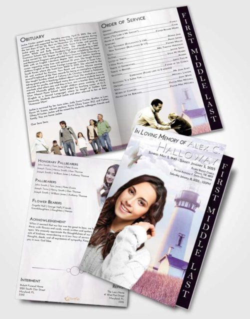 2 Page Graduated Step Fold Funeral Program Template Brochure Lavender Sunrise Lighthouse Clarity