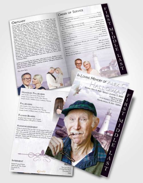 2 Page Graduated Step Fold Funeral Program Template Brochure Lavender Sunrise Lighthouse Journey