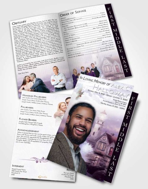 2 Page Graduated Step Fold Funeral Program Template Brochure Lavender Sunrise Lighthouse Lookout