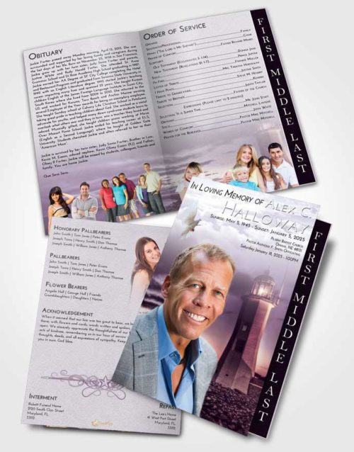 2 Page Graduated Step Fold Funeral Program Template Brochure Lavender Sunrise Lighthouse Magnificence