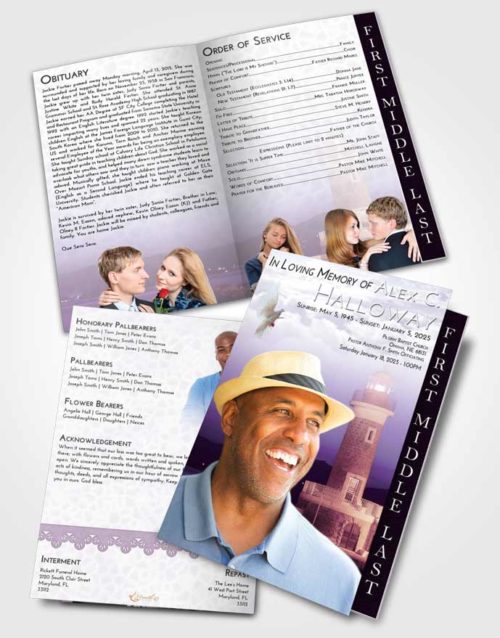 2 Page Graduated Step Fold Funeral Program Template Brochure Lavender Sunrise Lighthouse Majesty