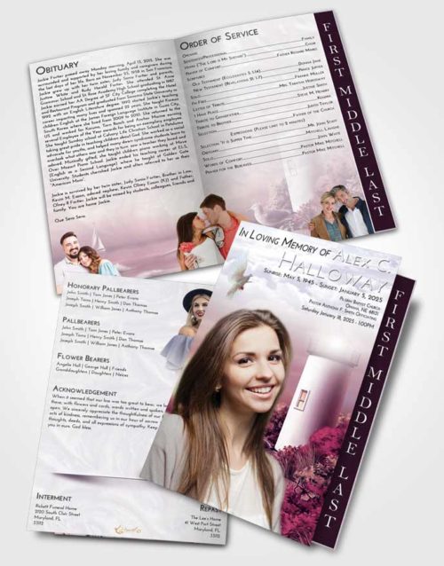 2 Page Graduated Step Fold Funeral Program Template Brochure Lavender Sunrise Lighthouse Mystery