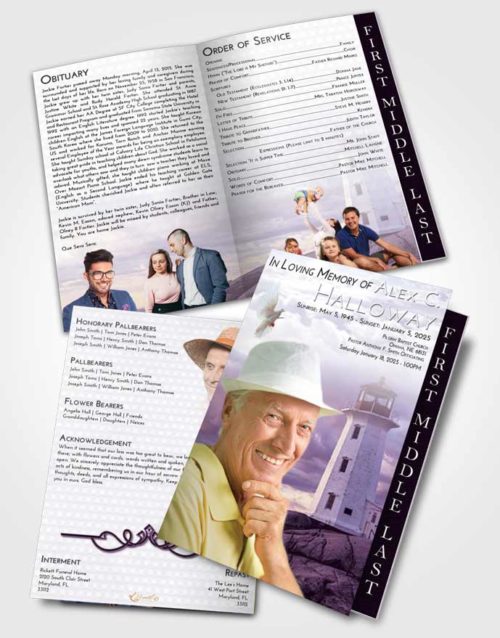 2 Page Graduated Step Fold Funeral Program Template Brochure Lavender Sunrise Lighthouse Safety