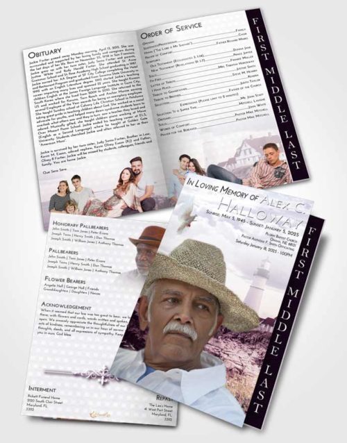 2 Page Graduated Step Fold Funeral Program Template Brochure Lavender Sunrise Lighthouse Secret