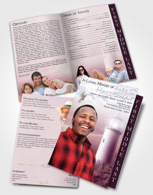 2 Page Graduated Step Fold Funeral Program Template Brochure Lavender Sunrise Lighthouse Serenity