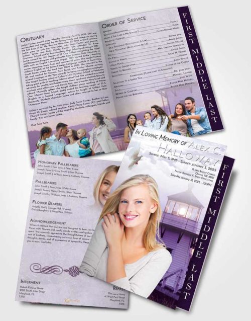2 Page Graduated Step Fold Funeral Program Template Brochure Lavender Sunrise Lighthouse Surprise