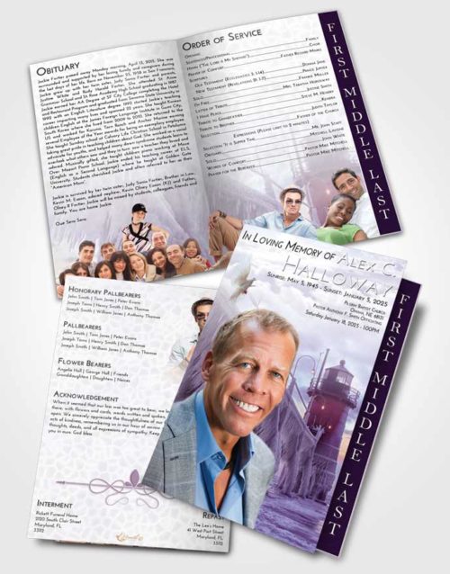 2 Page Graduated Step Fold Funeral Program Template Brochure Lavender Sunrise Lighthouse Tranquility