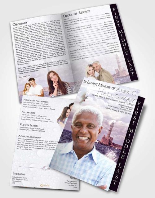 2 Page Graduated Step Fold Funeral Program Template Brochure Lavender Sunrise Lighthouse in the Tides