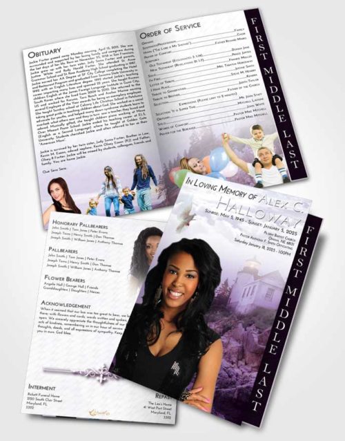 2 Page Graduated Step Fold Funeral Program Template Brochure Lavender Sunrise Lighthouse on the Rocks