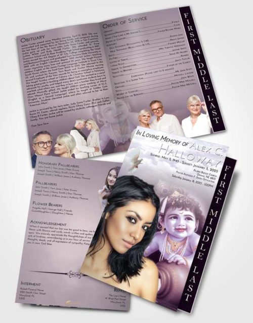 2 Page Graduated Step Fold Funeral Program Template Brochure Lavender Sunrise Lord Krishna Divinity