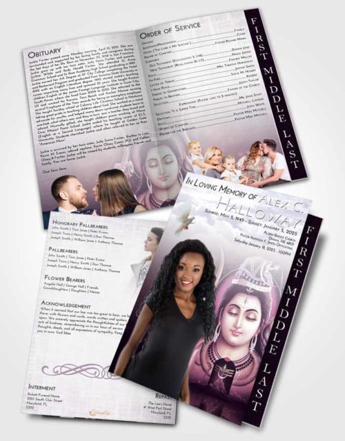 2 Page Graduated Step Fold Funeral Program Template Brochure Lavender Sunrise Lord Shiva Dignity