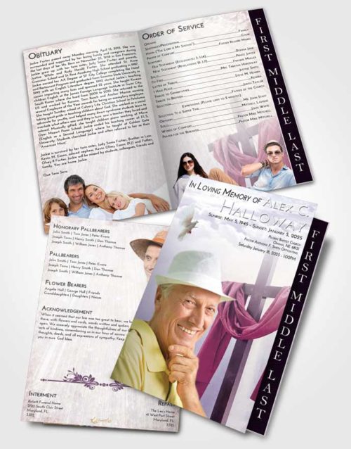 2 Page Graduated Step Fold Funeral Program Template Brochure Lavender Sunrise Loving Cross