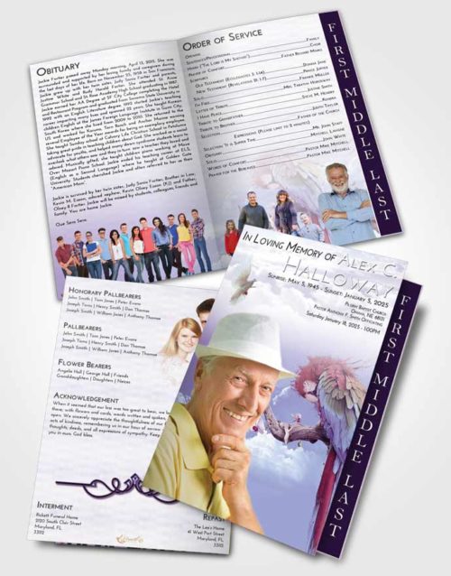 2 Page Graduated Step Fold Funeral Program Template Brochure Lavender Sunrise Magical Parrot