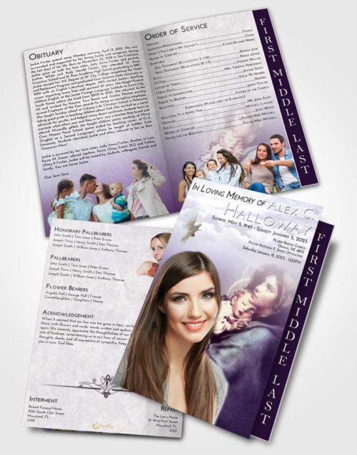 2 Page Graduated Step Fold Funeral Program Template Brochure Lavender Sunrise Mary and Jesus