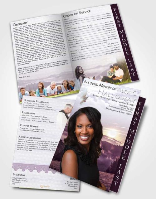 2 Page Graduated Step Fold Funeral Program Template Brochure Lavender Sunrise Misty Forest