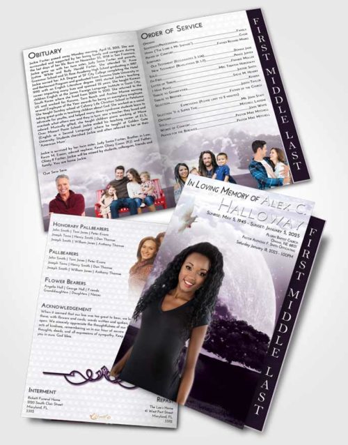 2 Page Graduated Step Fold Funeral Program Template Brochure Lavender Sunrise Moon Gaze