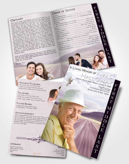 2 Page Graduated Step Fold Funeral Program Template Brochure Lavender Sunrise Morning Highway
