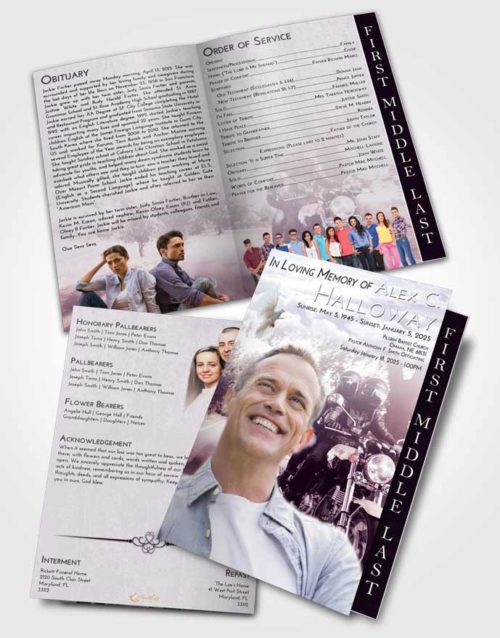 2 Page Graduated Step Fold Funeral Program Template Brochure Lavender Sunrise Motorcycle Days