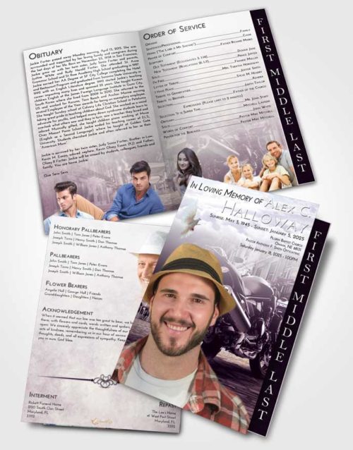2 Page Graduated Step Fold Funeral Program Template Brochure Lavender Sunrise Motorcycle Dreams