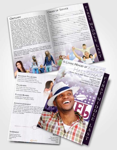 2 Page Graduated Step Fold Funeral Program Template Brochure Lavender Sunrise NFL Star