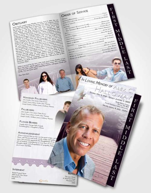 2 Page Graduated Step Fold Funeral Program Template Brochure Lavender Sunrise Nature Bridge Walk