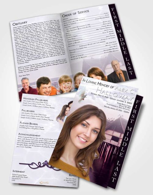 2 Page Graduated Step Fold Funeral Program Template Brochure Lavender Sunrise Ocean Living