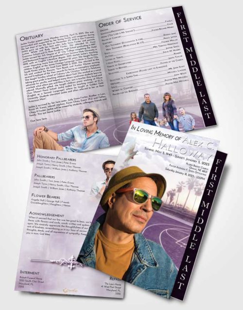 2 Page Graduated Step Fold Funeral Program Template Brochure Lavender Sunrise On the Court